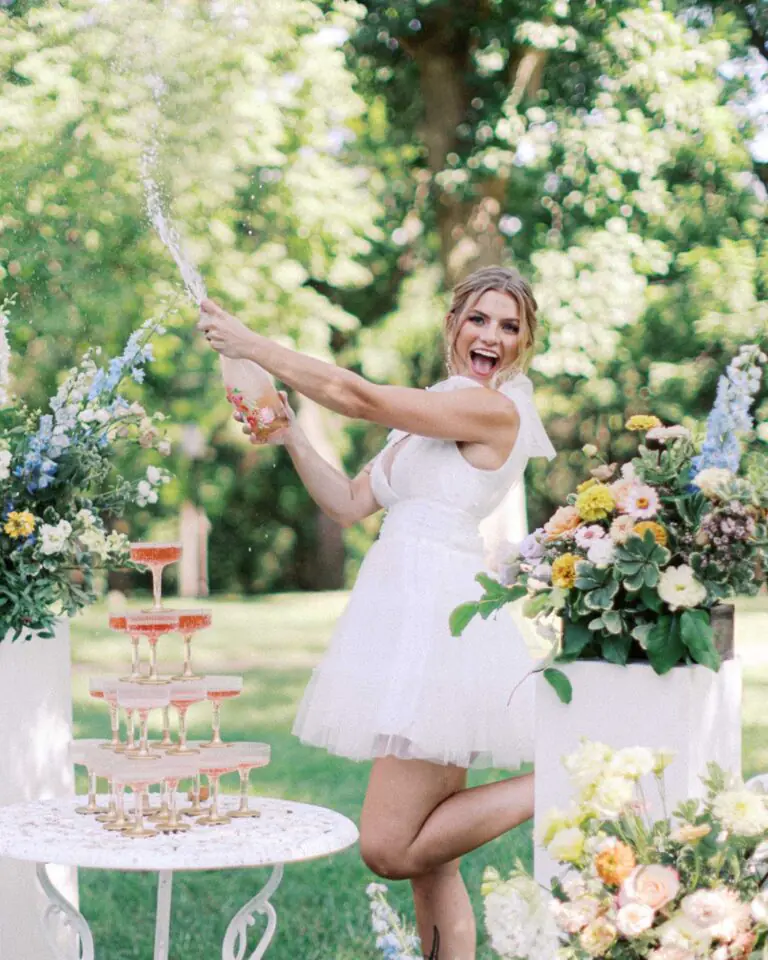 Elegant champagne tower celebration at St. Louis wedding reception